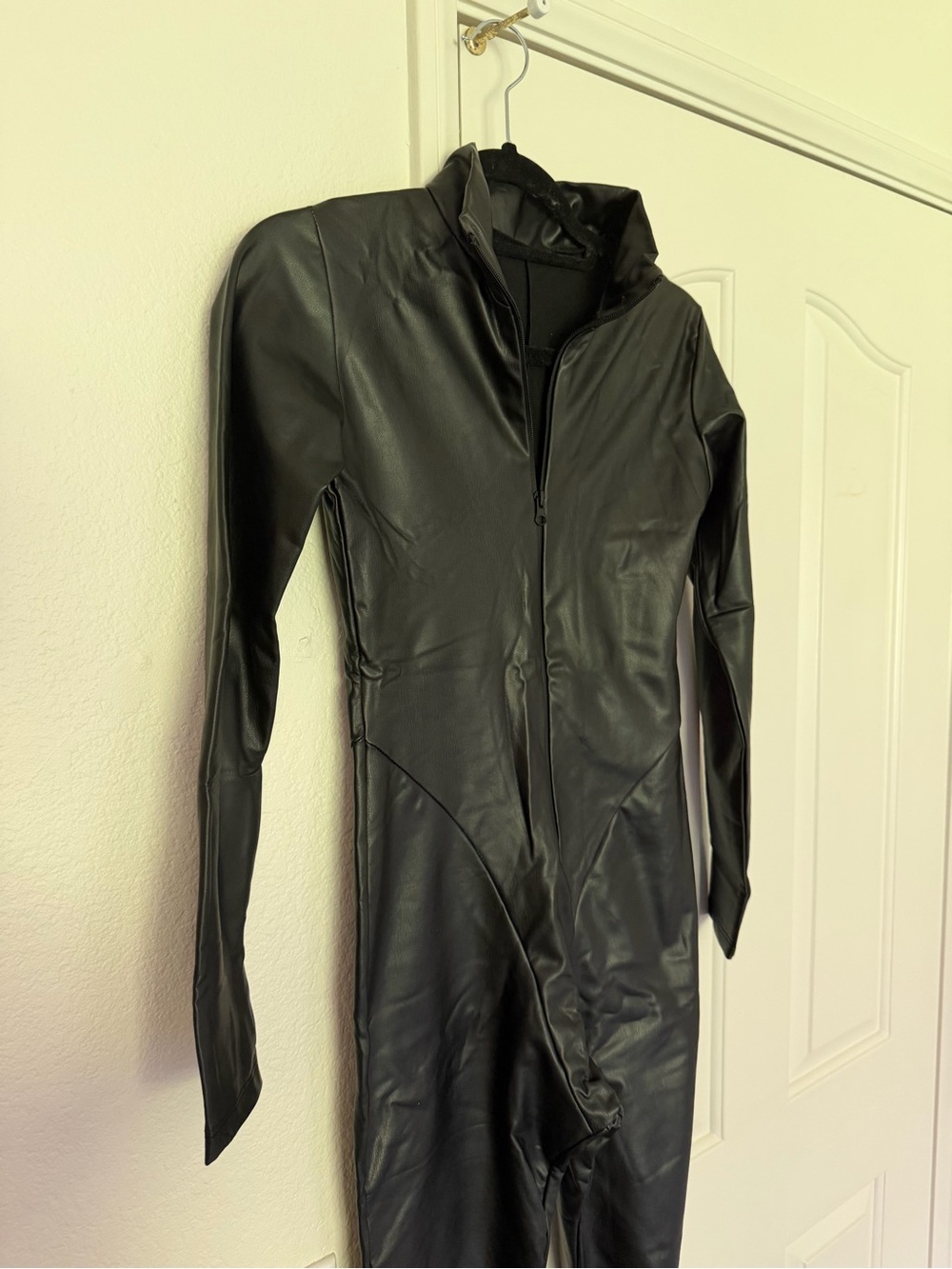 Sleek Black Faux Leather Full-Body Jumpsuit